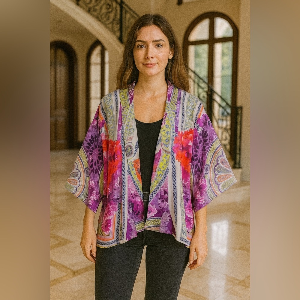 NWT Athena Procopiou Silk Garden Kimono Boho Luxe Floral Resort Cover Up OS